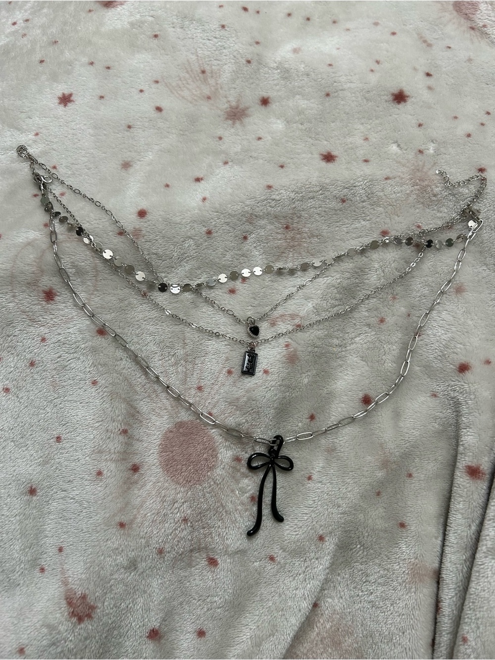 Women’s Layered Silver Necklace with Black Bow Pendant - Picture 1 of 2
